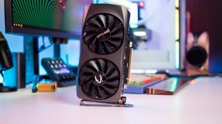 Zotac GeForce RTX 4060 Ti Twin Edge sitting upright on a white table