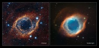 This comparison shows a new view of the Helix Nebula acquired with the VISTA telescope in infrared light (left) and the more familiar view in visible light from the MPG/ESO 2.2-metre telescope (right). The infrared vision of VISTA reveals strands of cold nebular gas that are mostly obscured in visible light images of the Helix.