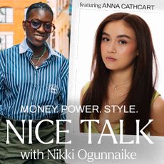 A photo of Nikki Ogunnaike with an inset photo of Anna Cathcart and text reading Money. Power. Style. Nice Talk with Nikki Ogunnaike
