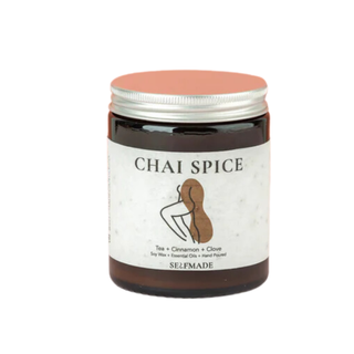 chai spice candle in a brown jar with plantable seed label
