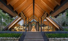 Kengo Kuma’s retail pavilion at the Amanpuri is built on sloping land and features a series of stepped roofs