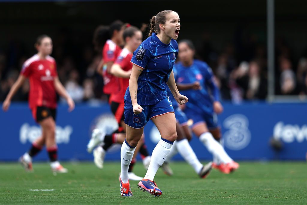 Guro Reiten of Chelsea celebrates scoring her team&#039;s first goal from the penalty spot during the Barclays Women&#039;s Super League match between Chelsea and Manchester United at Kingsmeadow on November 24, 2024 in Kingston upon Thames, England.