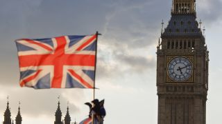 UK, London, Big Ben and British flag.