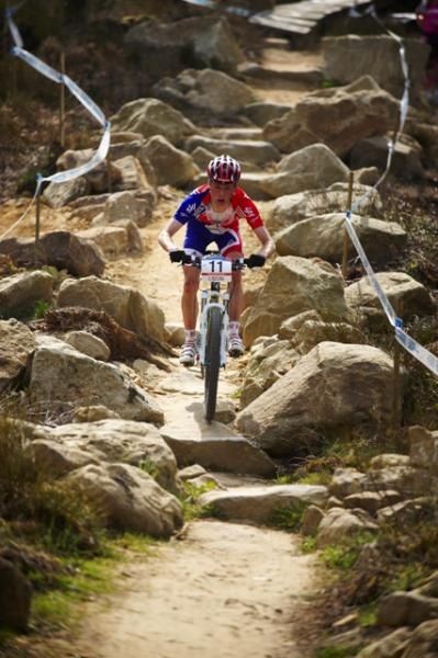 Great Britain's Luke Gray, a junior, on the newly built World Cup course at Dalby during the 2010 UCI Mountain Bike Cross Country World Cup