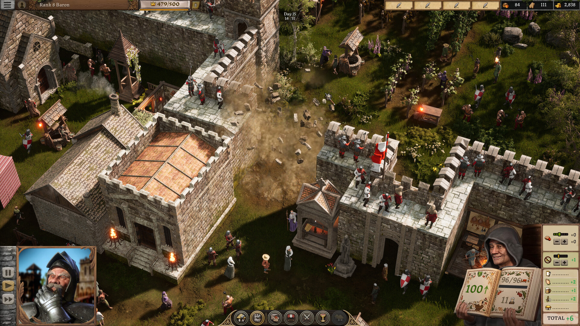 In isometric city builder, Stronghold 4, a castle wall is destroyed as an armored soldier in the bottom left corner watches on