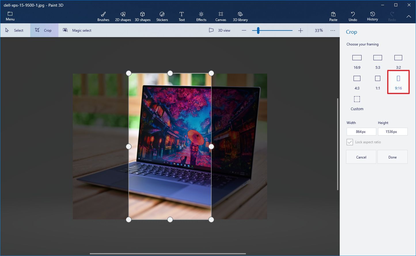 Paint 3D crop framing options