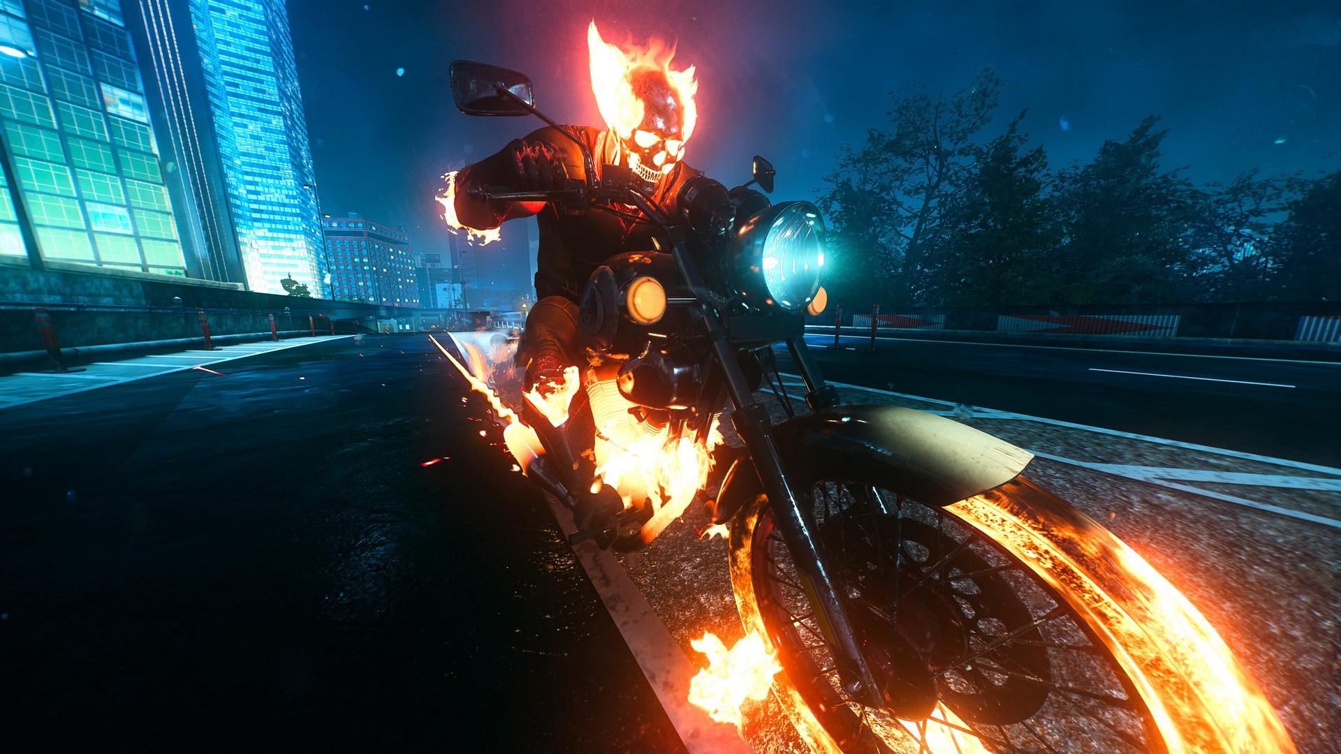 Wolverine in his Ghost Rider-inspired skin ride a motorbike through Tokyo in Marvel's Wolverine