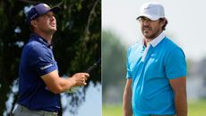 Bryson DeChambeau hits a driver, Brooks Koepka stares at a putt