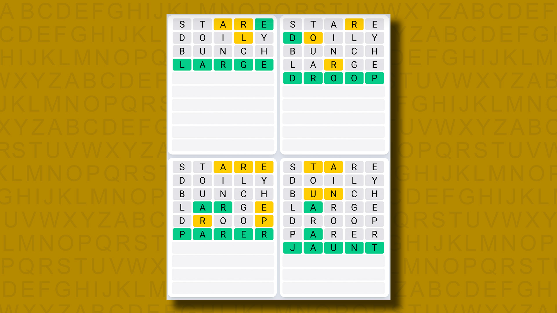Quordle Daily Sequence answers for game 1241 on a yellow background
