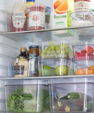 fruit and vegetable stored in plastic transparent boxes in the fridge