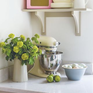 A kitchen worktop with a stand mixer and a vase of flowers