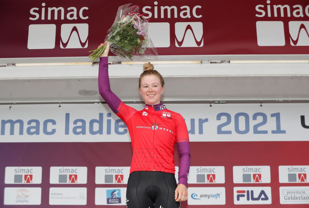 WEERT NETHERLANDS AUGUST 27 Lonneke Uneken of Netherlands and Team SD Worx celebrates winning the stage on the podium ceremony after the 23rd Simac Ladies Tour 2021 Stage 3 a 1259km stage from Stramproy to Weert SLT2021 UCIWWT on August 27 2021 in Weert Netherlands Photo by Bas CzerwinskiGetty Images
