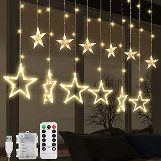 Jsdoin Christmas Led Stars Curtain Lights,12 Stars 138 Window Curtain String Lights With 8 Flashing Modes Decoration for Wedding, Party,wall, Home Decorations,usb/battery Powered (a - Warm White)