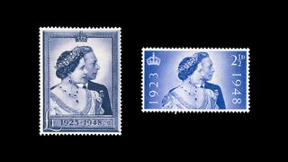 UNITED KINGDOM - SEPTEMBER 06: Postage stamps commemorating the 25th anniversary of the marriage of George VI (1995-1952) and Elizabeth Bowes-Lyon (1900-2002). United Kingdom, 20th century. London, National Postal Museum United Kingdom