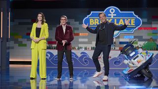 Judges Amy Corbett and Jamie Berard and host Will Arnett in the season four premiere of ‘Lego Masters.’