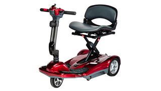 EV Rider Transport AF+ Scooter: an image showing the three-wheel scooter in red and how it has two larger back wheels to boost stability on different terrain