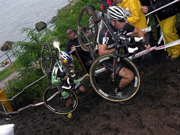 Johnathan Page and Tim Johnson on the run-up during the first lap.