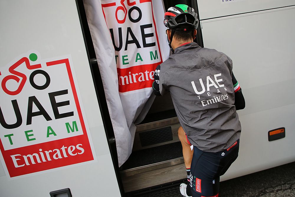 Fabio Aru (UAE Team Emirates) climbs into the team bus after a bad day