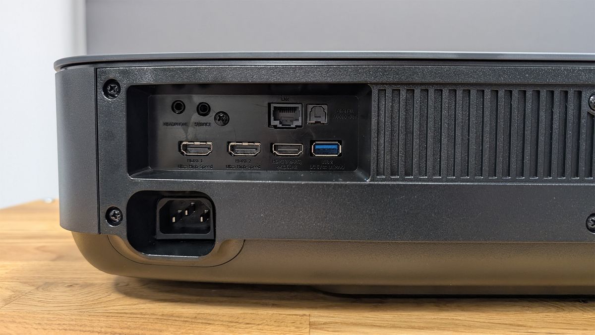 The rear panel of a Hisense PL2 UST projector, showing the connections.