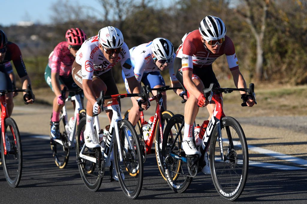 BELLEGARDESURVALSERINE FRANCE FEBRUARY 02 LR Greg Van Avermaet of Belgium and AG2R Citren Team and Toms Skujins of Latvia and Team Trek Segafredo compete during the 52nd toile De Bessges Tour Du Gard 2022 Stage 1 a 1608km stage from Bellegarde to Bellegarde 161m EtoiledeBesseges EDB2022 on February 02 2022 in BellegardesurValserine France Photo by Luc ClaessenGetty Images