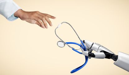  Robotic hand passing a stethoscope to a human hand