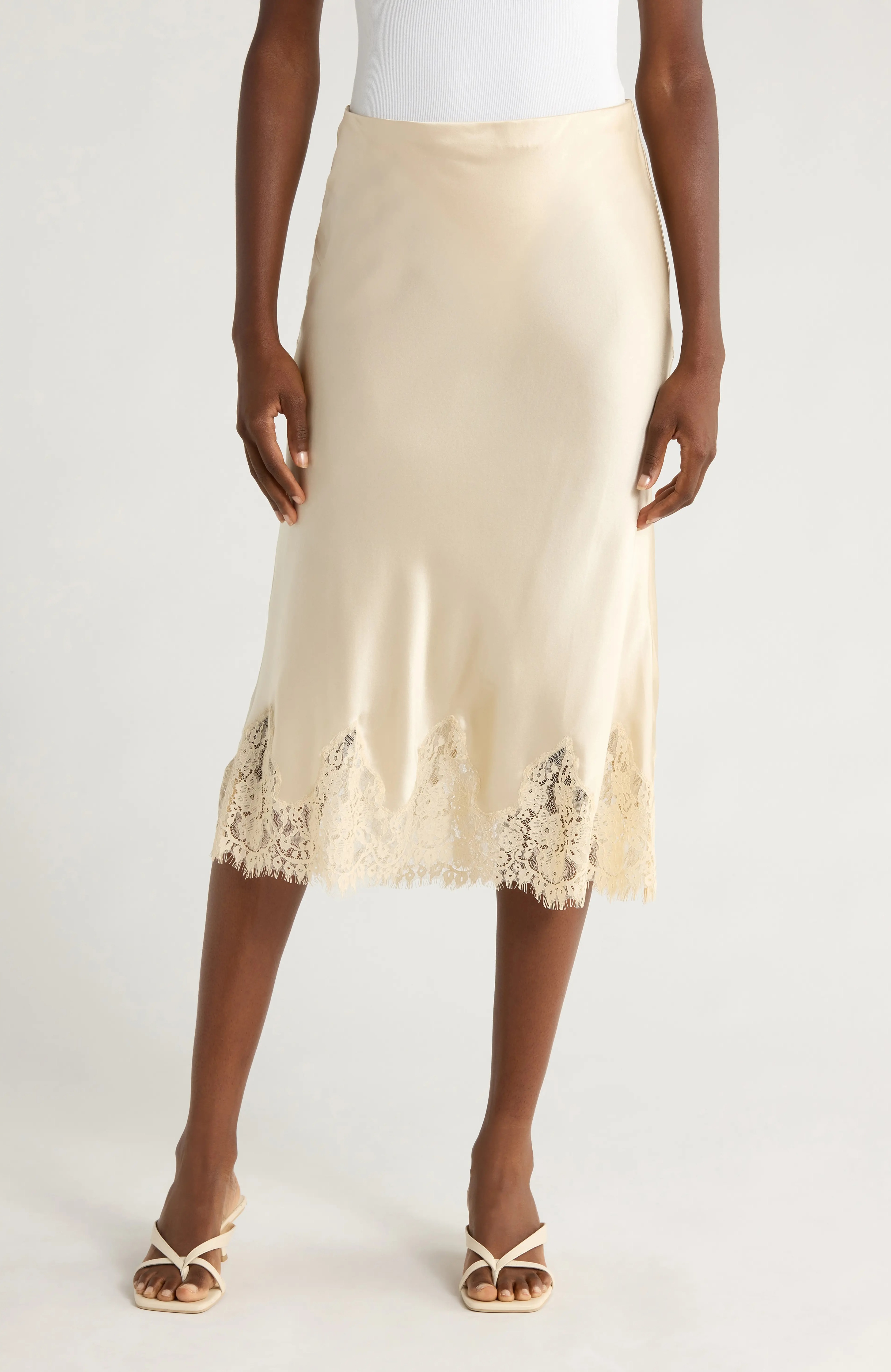 Reformation, Carolina Lace Trim Silk Midi Skirt