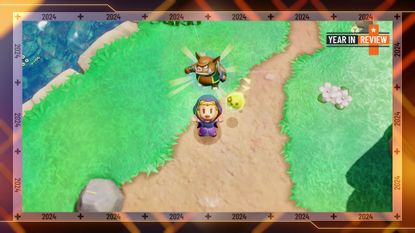 Zelda holding up a collected item in Echoes of Wisdom, with the screenshot framed by GamesRadar+'s Year in Review artwork