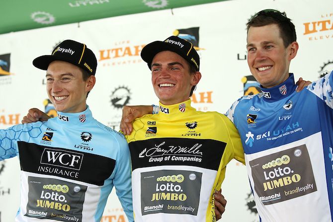LottoNL-Jumbo trio Neilson Powless in the best young rider jersey, Sepp Kuss in the leader's jersey and Daan Olivier in the climber's jersey after stage 2 of the 2018 Tour of Utah