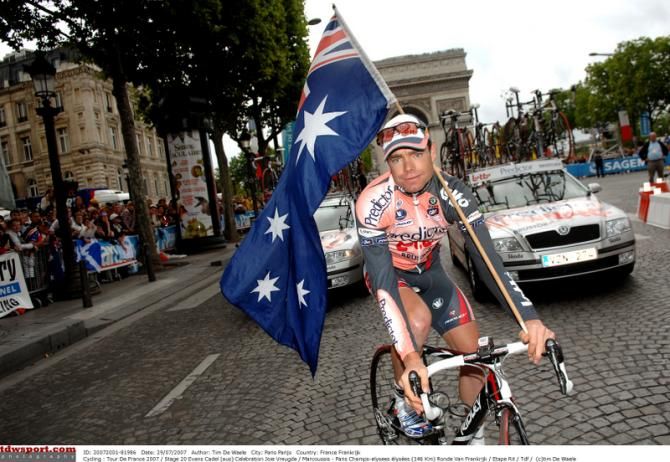 Cadel Evans flying the Australian flag having finished second at the 2007 Tour de France