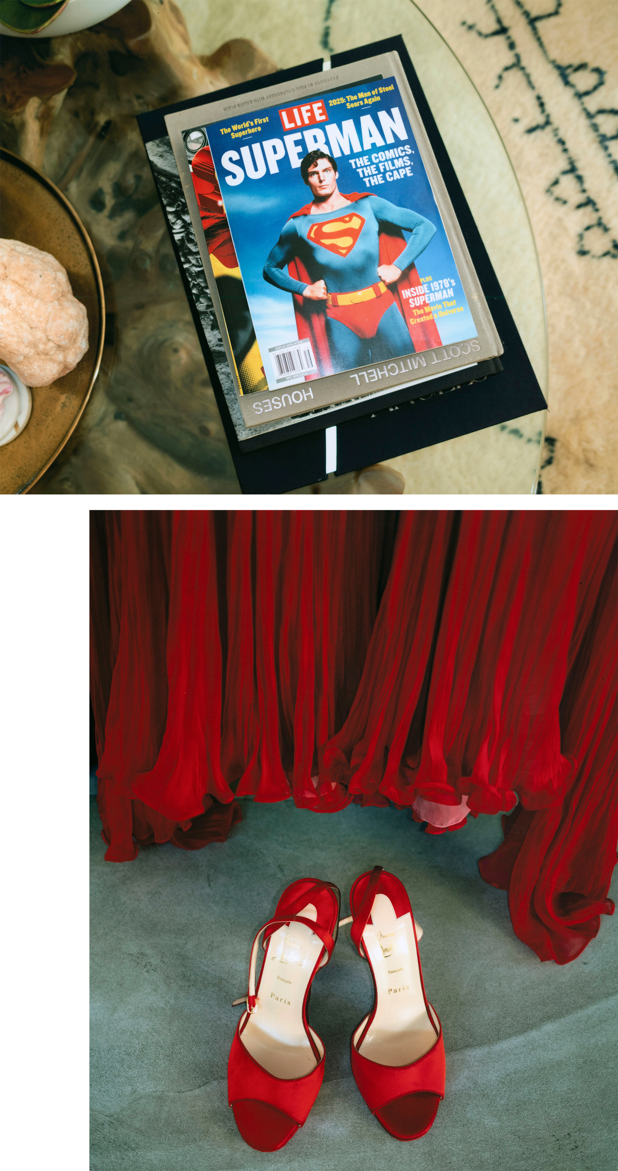 Collage of a stack of magazines on a table, including a vintage Life magazine with Superman on the cover, and a portrait of the bottom of Sara Sampaio's dress and her red Christian Louboutin heels.
