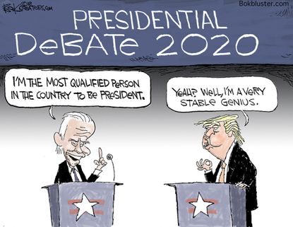 Political cartoon U.S. 2020 presidential debate Joe Biden most qualified to be president Trump very stable genius