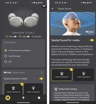 Screenshots of the Jabra Elite 10 Gen 2 in the Sound+ app.