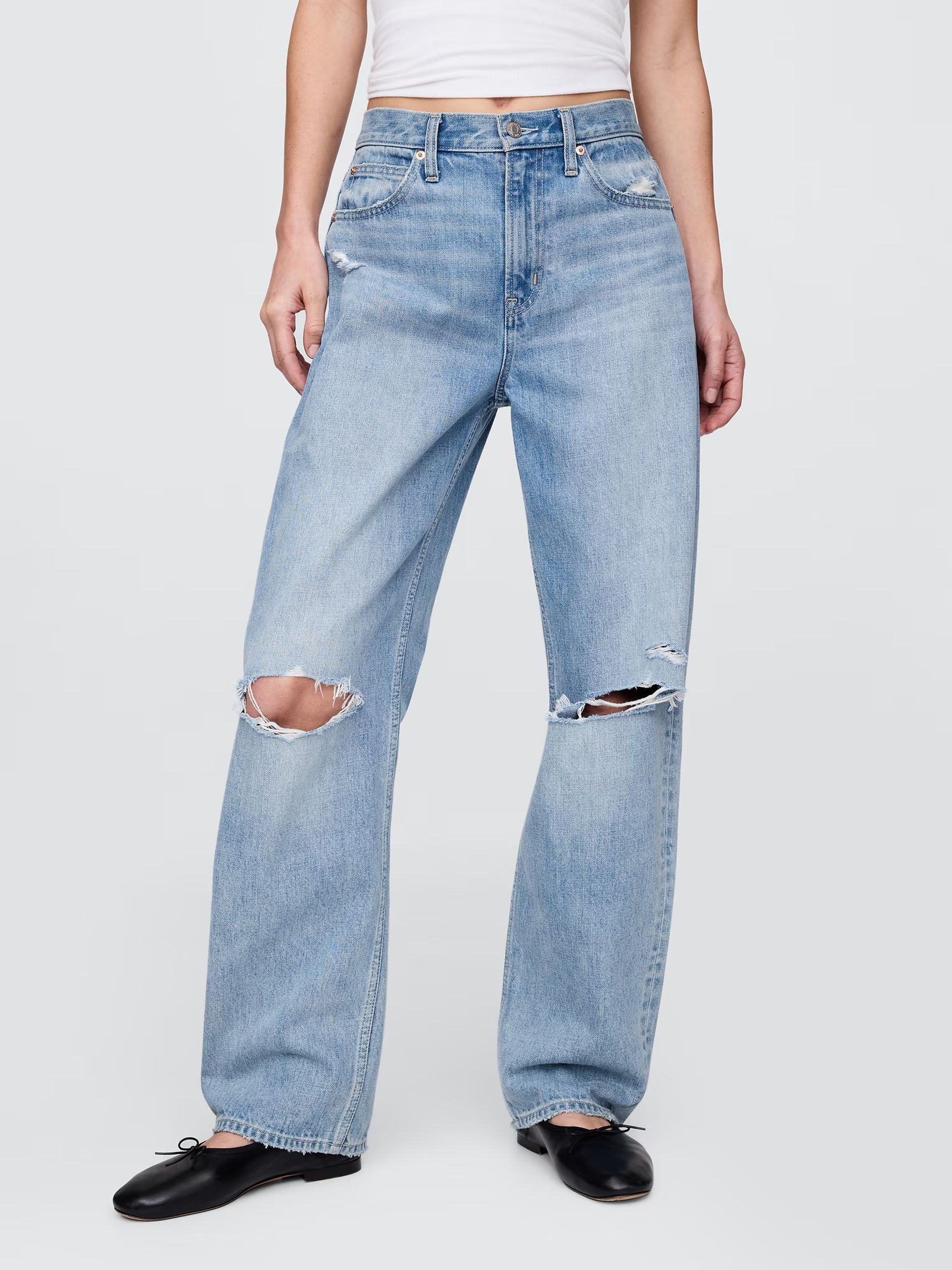 Blue Distressed High Waisted Barrel Jeans