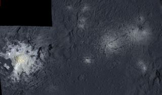 A false-color mosaic shows the inside of the Occator crater, with the bright dome of salty material visible at left. The central dome is about 1.8 miles (2.9 km) across and rises 1,300 feet (400 m).