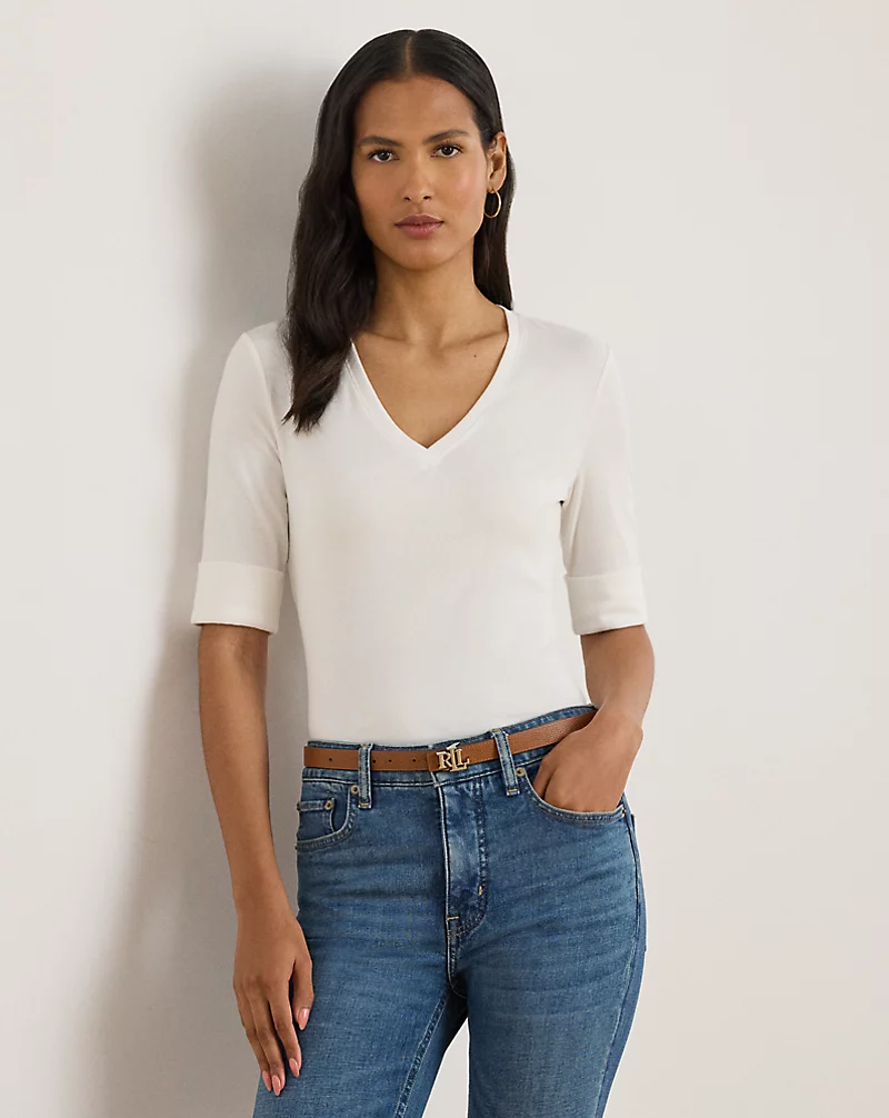 Stretch Cotton Elbow Sleeve V Neck Tee