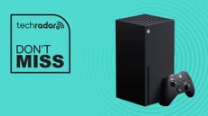 Xbox Series X on turquoise background with don't miss text overlay