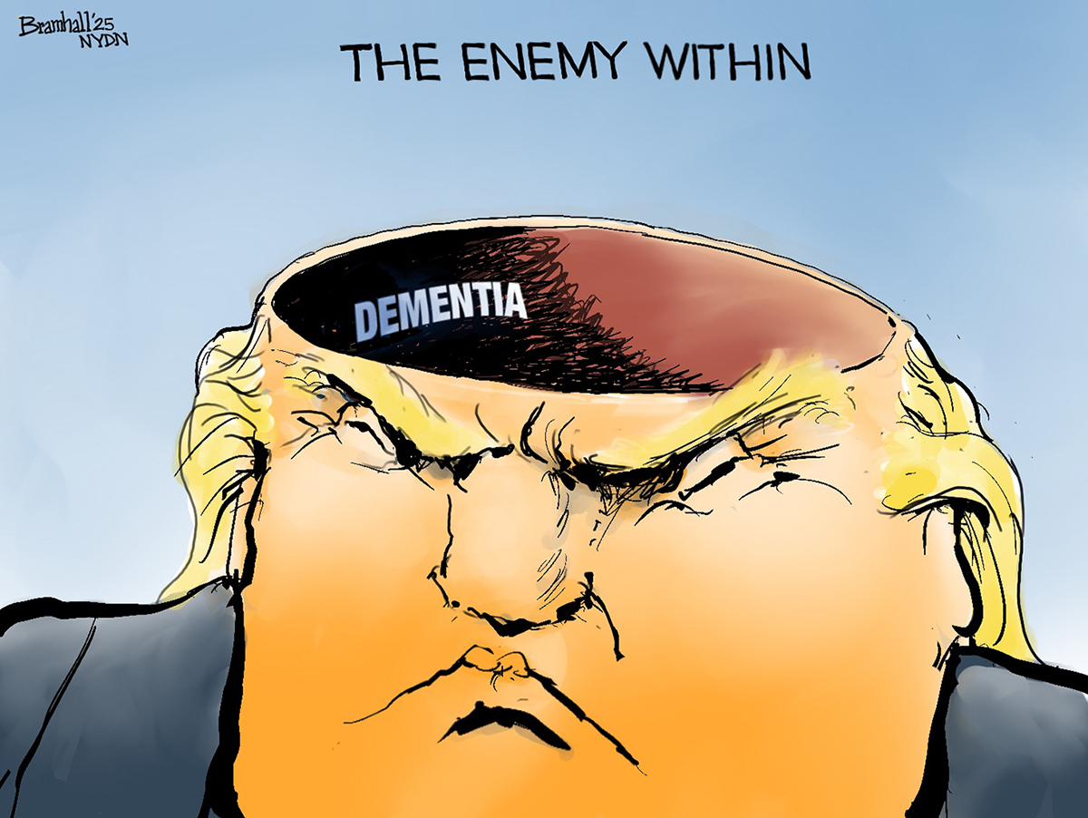 This political cartoon is titled &amp;ldquo;The Enemy Within&amp;rdquo; and depicts a scowling Donald Trump missing the top part of his head. Written inside his head is the word &amp;ldquo;Dementia.&amp;rdquo;