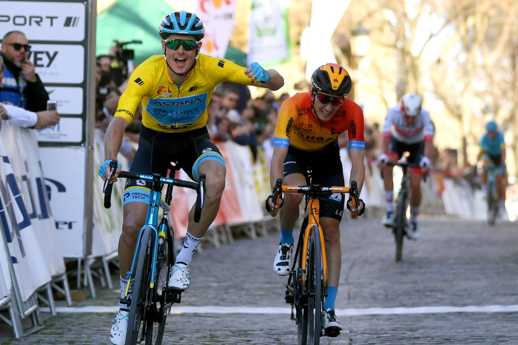 BEDA SPAIN FEBRUARY 21 Arrival Jakob Fuglsang of Denmark and Astana Pro Team Yellow Leader Jersey Celebration Pello Bilbao of Spain Team Bahrain McLaren Brandon Mcnulty of The United States and UAETeam Emirates during the 66th Vuelta a Andaluca Ruta del Sol 2020 Stage 3 a 1769km stage from Jan to beda 727m VCANDALUCIA UCIProSeries on February 21 2020 in beda Spain Photo by David RamosGetty Images