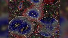 This optical image of the Abell 3391/95 system is superimposed onto other images showing the density of gas (darker areas have higher density) and the radio outlines (yellow).