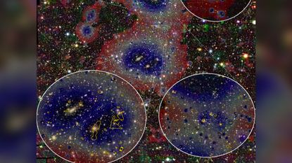 This optical image of the Abell 3391/95 system is superimposed onto other images showing the density of gas (darker areas have higher density) and the radio outlines (yellow).
