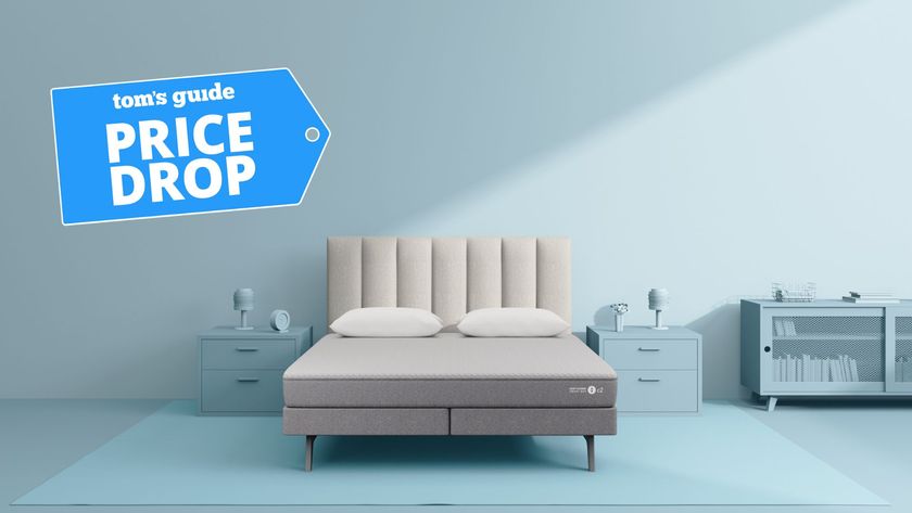 White and grey Sleep Number c2 smart bed discounted in Veteran's Day deal in blue studio bedroom