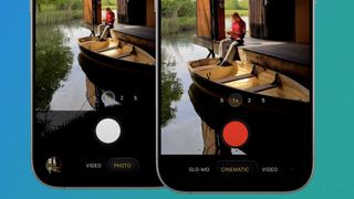 Two iPhones on a blue and green background showing the iOS 26 Camera app