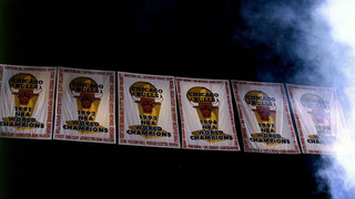 A shot of the championship banners that hang from the rafters of the United Center prior to a Bulls game in 1999 in Chicago, Illinois.