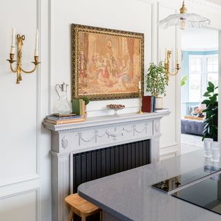 kitchen with fireplace and radiator