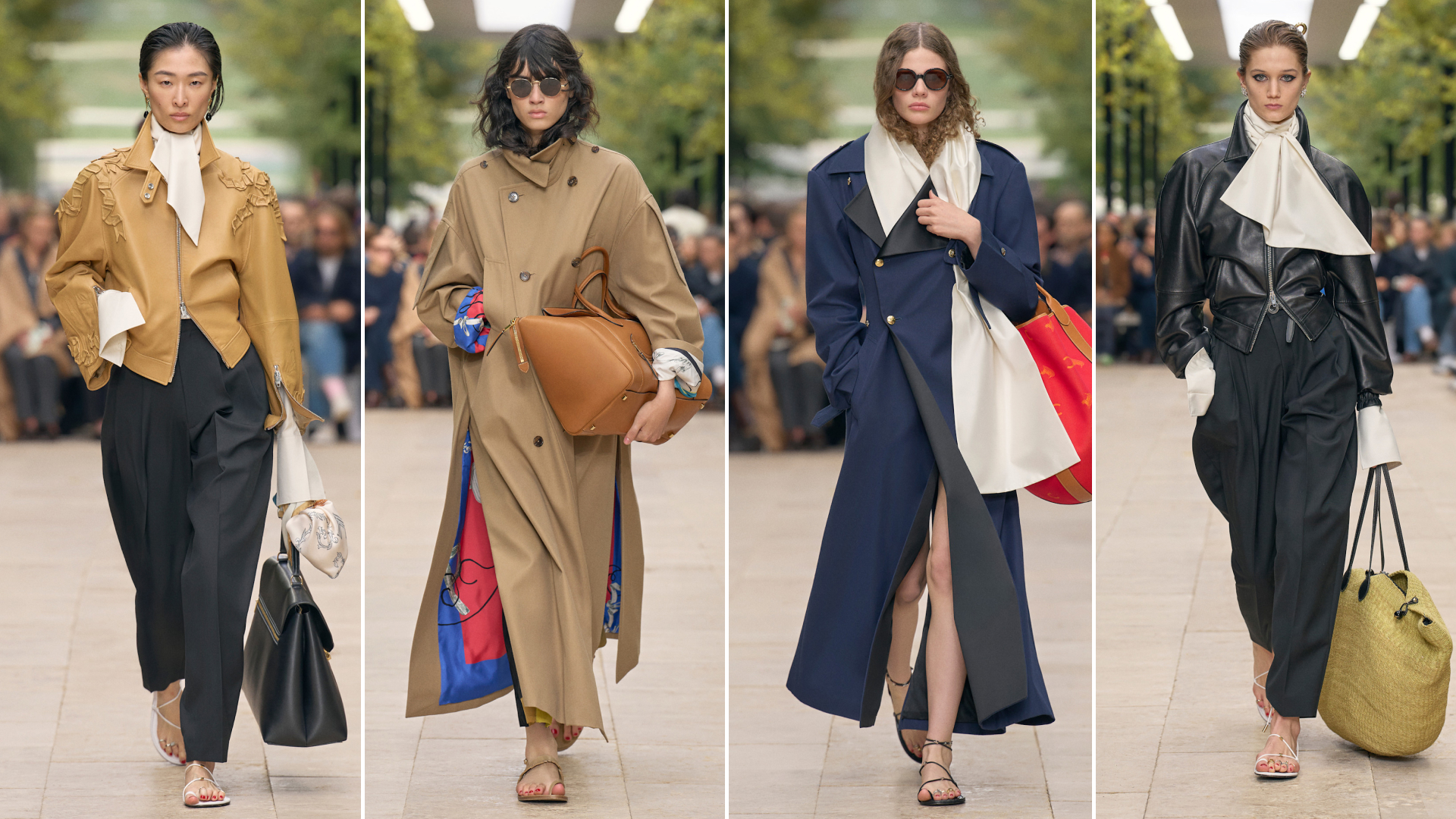 a collage of four models walking Celine Summer 2026 runway wearing toe ring sandals