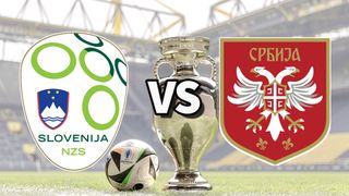 The Slovenia and Serbia club badges on top of a photo of the Euro 2024 trophy and match ball