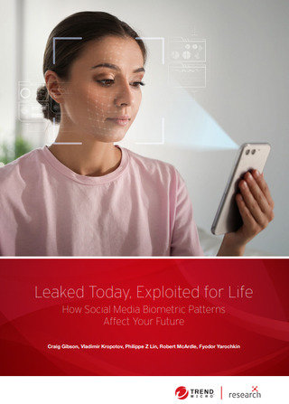 Whitepaper cover with title on red shaded band and top image of female looking at a mobile phone which is scanning her for biometrics