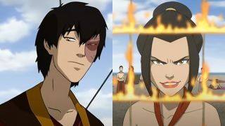 From left to right Zuko looking to his left and Azula standing behind a net of fire.