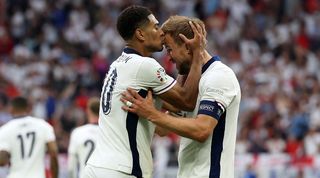 Jude Bellingham and Harry Kane celebrate the midfielder's equaliser for England against Slovakia at Euro 2024.