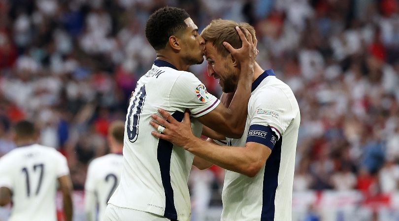 Jude Bellingham and Harry Kane celebrate the midfielder&#039;s equaliser for England against Slovakia at Euro 2024.